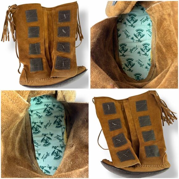 Taos Vintage 70s Tall Moccasins Boots Brown Tan Suede Fringe Conchos Women’s 8 - Picture 10 of 11